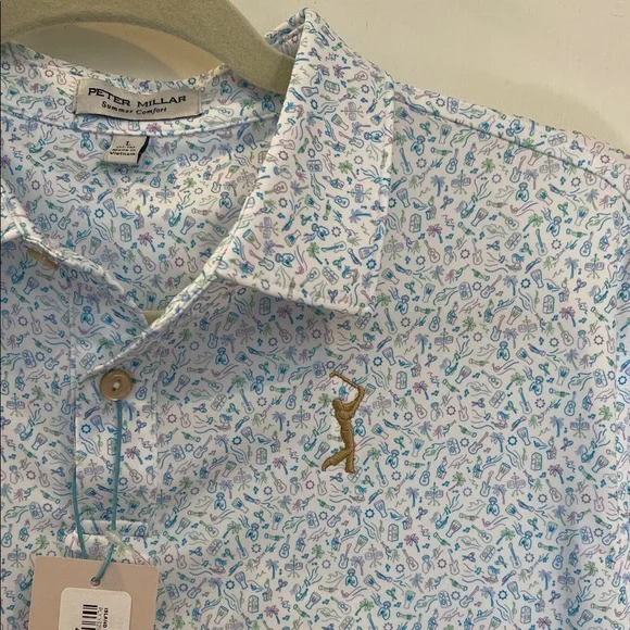 NWT Youth Peter Millar Blue and White Patterned Polo Shirt - Picture 4 of 7